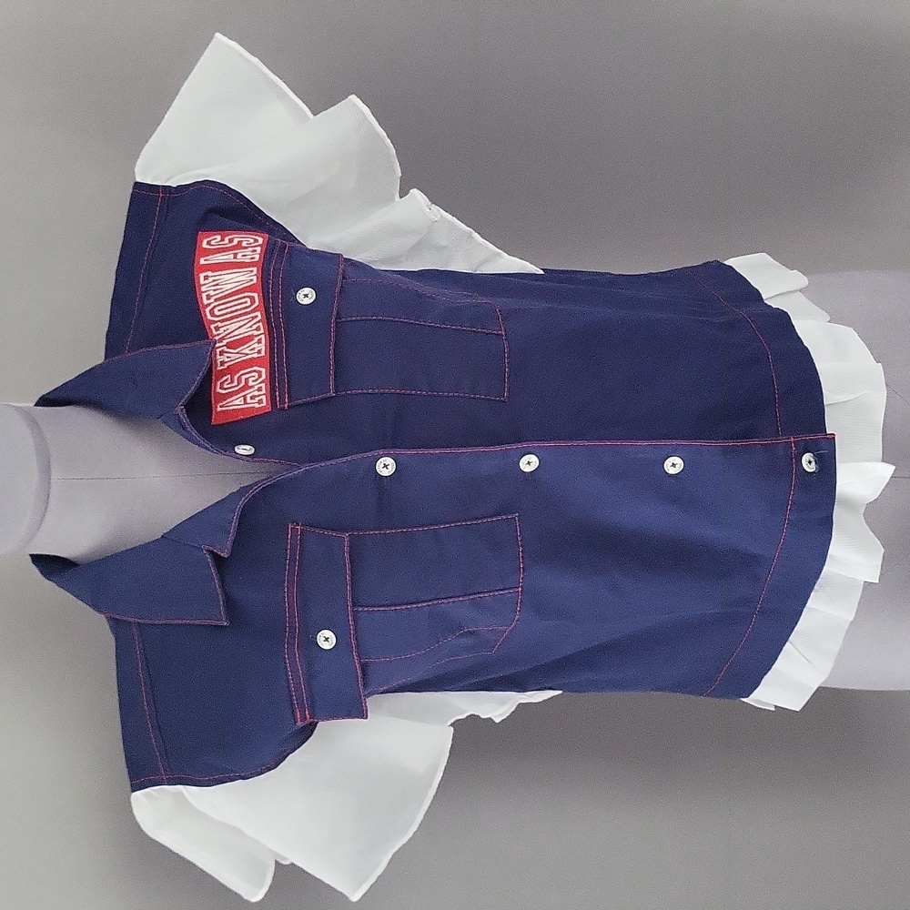 Navy Blue & White Ruffled Sleeve Button-Up Shirt with 'AS KNOW AS' Patch"